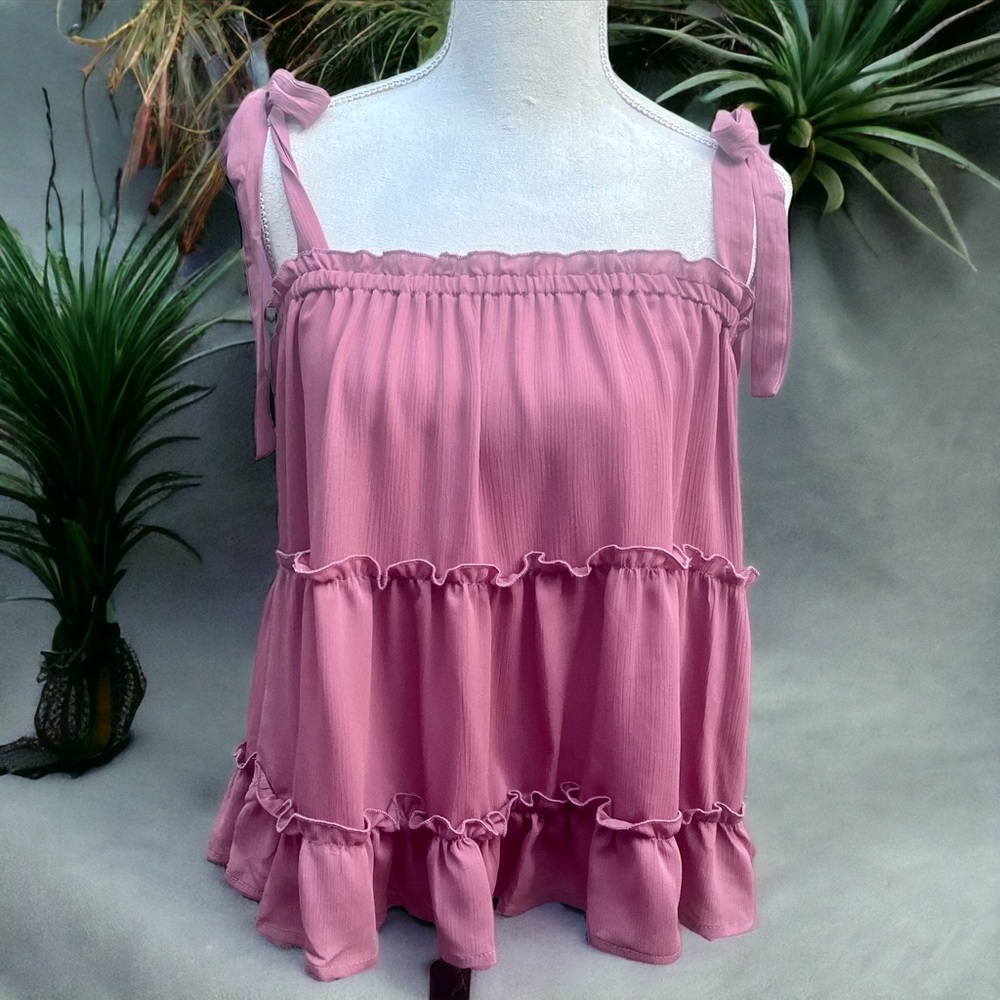 Cozy Casual Ruffle Flowing Tank Top with Tie Shoulder Straps; Size Medium